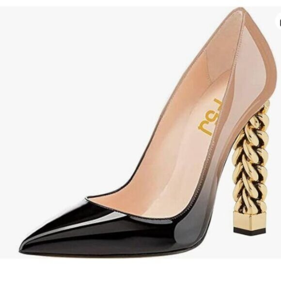 FSJ Nude Gold Metal Chain Chunky High Heel Pointed Toe Slip On Party  Pumps - Picture 1 of 8